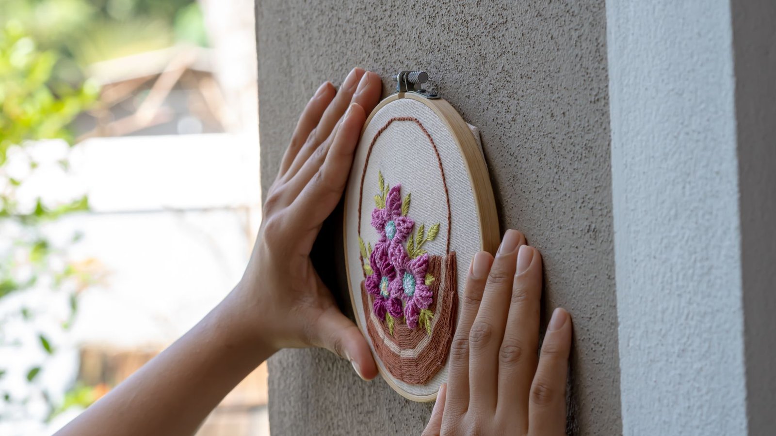 Fabric stretched taut inside an embroidery hoop ready for stitching